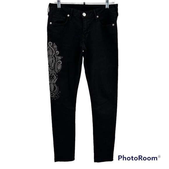 True Religion Jude Black Studded Preppy Designer Slim Leg Mid Rise  Jeans Sz 29 - Picture 1 of 9